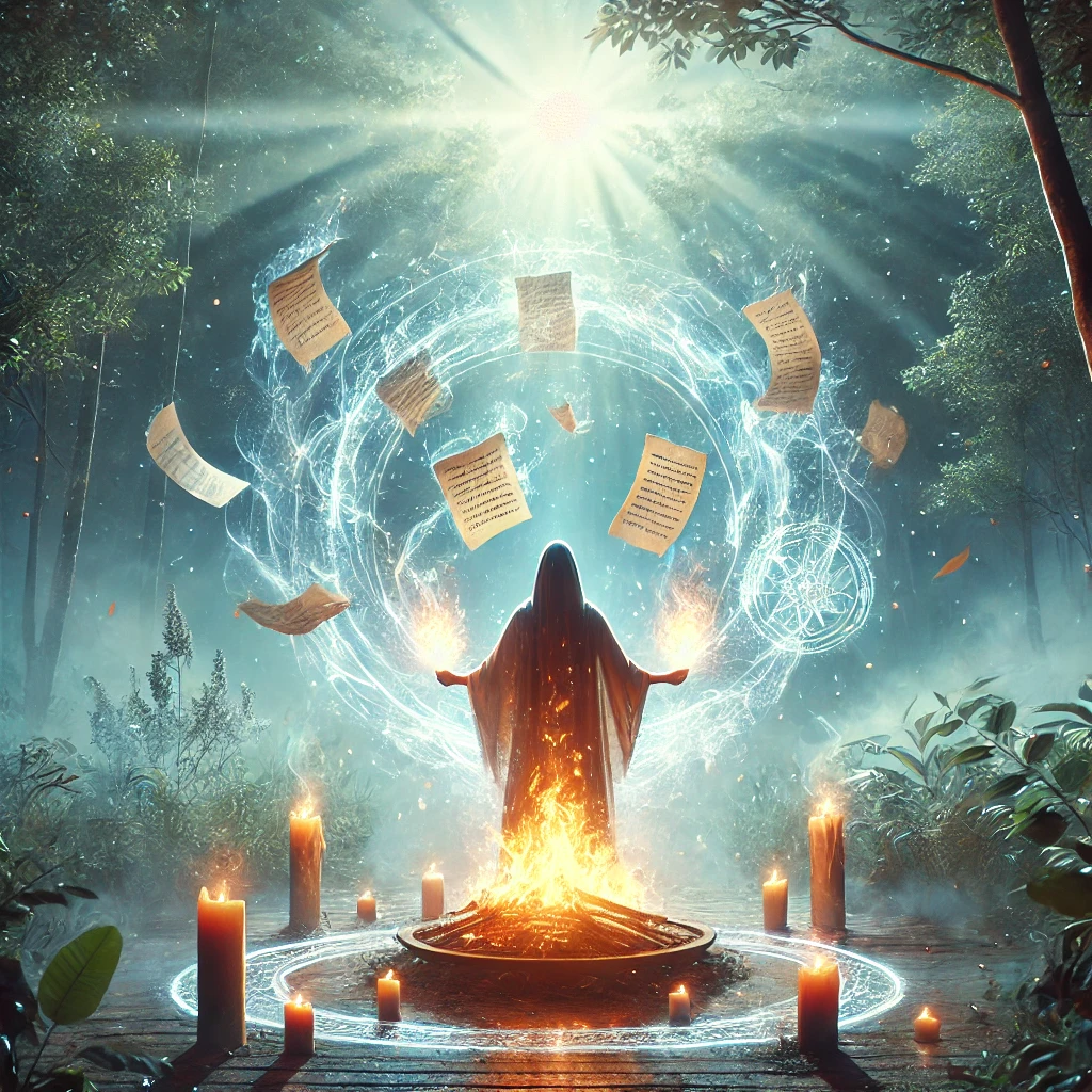 Dall·e 2024 11 12 19.15.21 a mystical scene depicting a ritual of emotional release. a person stands in a tranquil outdoor setting, holding a piece of paper with written words o